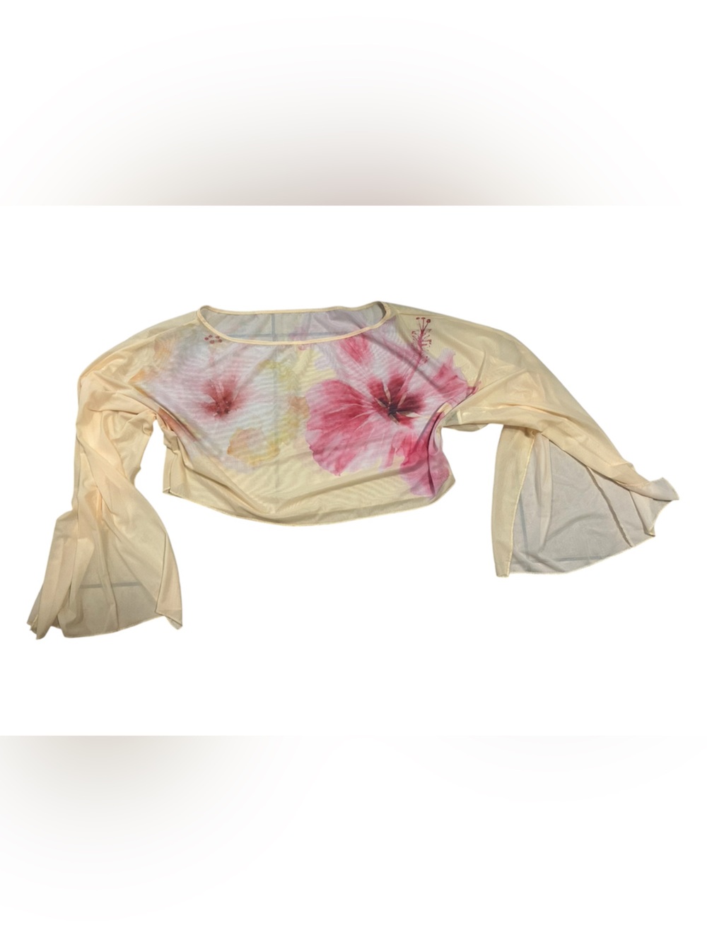 Light Cream Floral Mesh Swim Coverup Top with Bell Sleeves